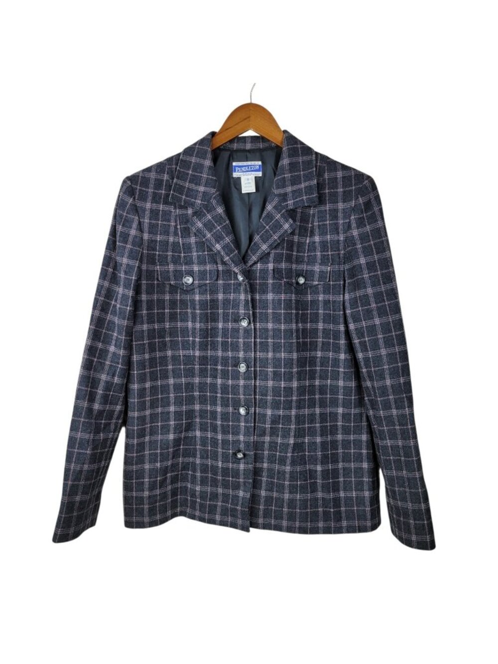 Pendleton 100% Wool Blazer Size 12 Plaid Button Up Grey Black Pink Academia Alt